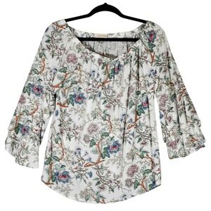 Solitaire Floral Off-Shoulder Blouse Sz M 3/4 Bell Sleeve Bohemian Cottage White
